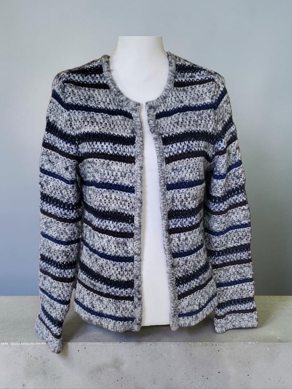 OUI Striped Knit Crewneck Open Front Cardigan - Gray & Navy Lurex. Medium.